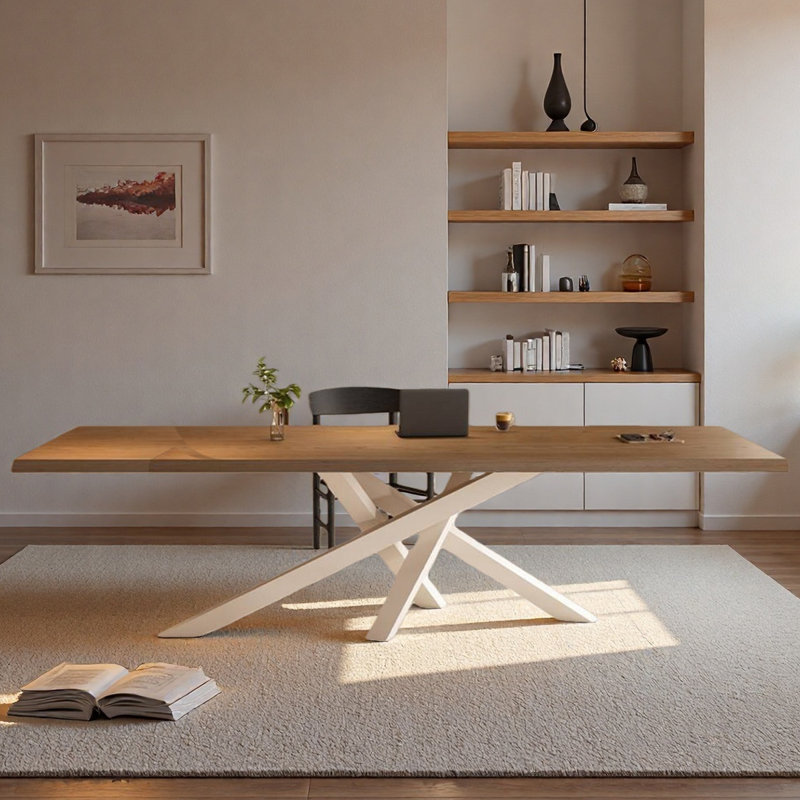 Table de bureau longue en bois massif de conception simple, Brun / Blanc, H 29,53 po x l 94,49 po x P 39,37 po