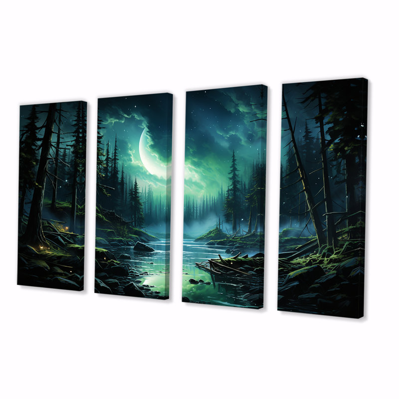 «Northern Lights Forest Dreams II - Forest River Mountains», ensemble d'art mural 4 pièces, H 32 po x l 64 po