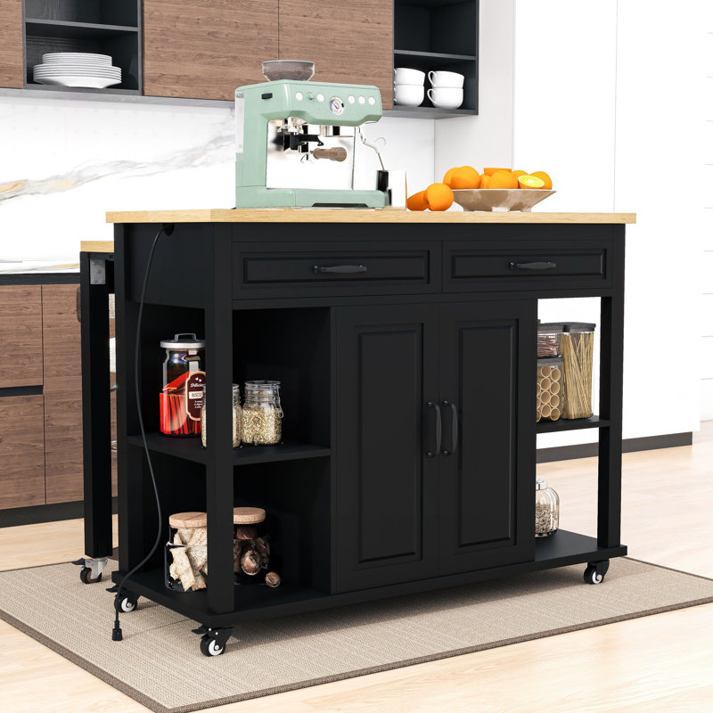Îlot de cuisine extensible avec prises de courant intégrées, 2 tiroirs et armoire, Noir, noir, noir, noir