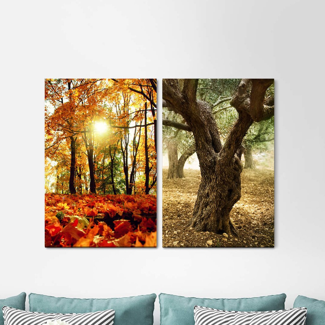 2-tlg. Leinwandbilder-Set - Fotografie „Autumn Leaves Old Tree Forest Sun Warm Light Relaxing”