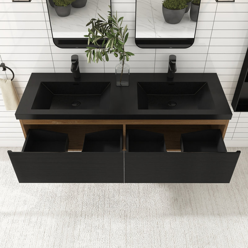 Meuble-lavabo double l 60 po x H 16 po - Plateau en résine noire avec tiroir à fermeture en douceur DTC