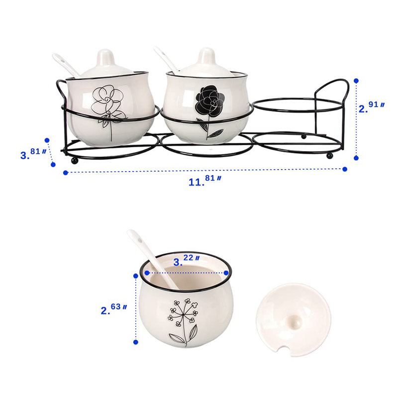 Ceramic Spice & Sugar Jars, With Lids Spoons And Shelf,Porcelain Condiment Kitchen Jar Spice Container Set, 230 ML,3 Pcs