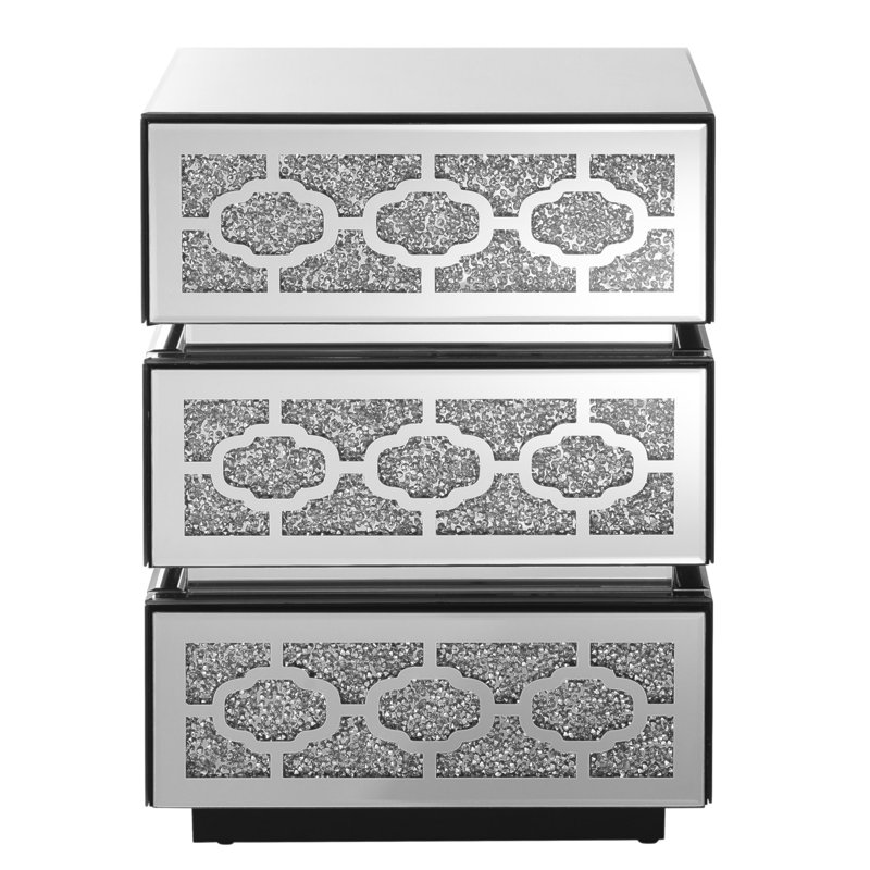 Table de chevet avec miroir, table d'appoint moderne à 3 tiroirs, table de bout décorative argentée avec diamants broyés pour la chambre à coucher, le dortoir et le salon, l 17,7 po x P 13,8 po x H 23,6 po