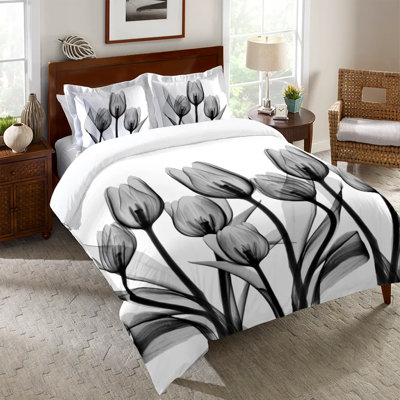 Monochromatic Black Tulips Machine Woven Duvet Cover