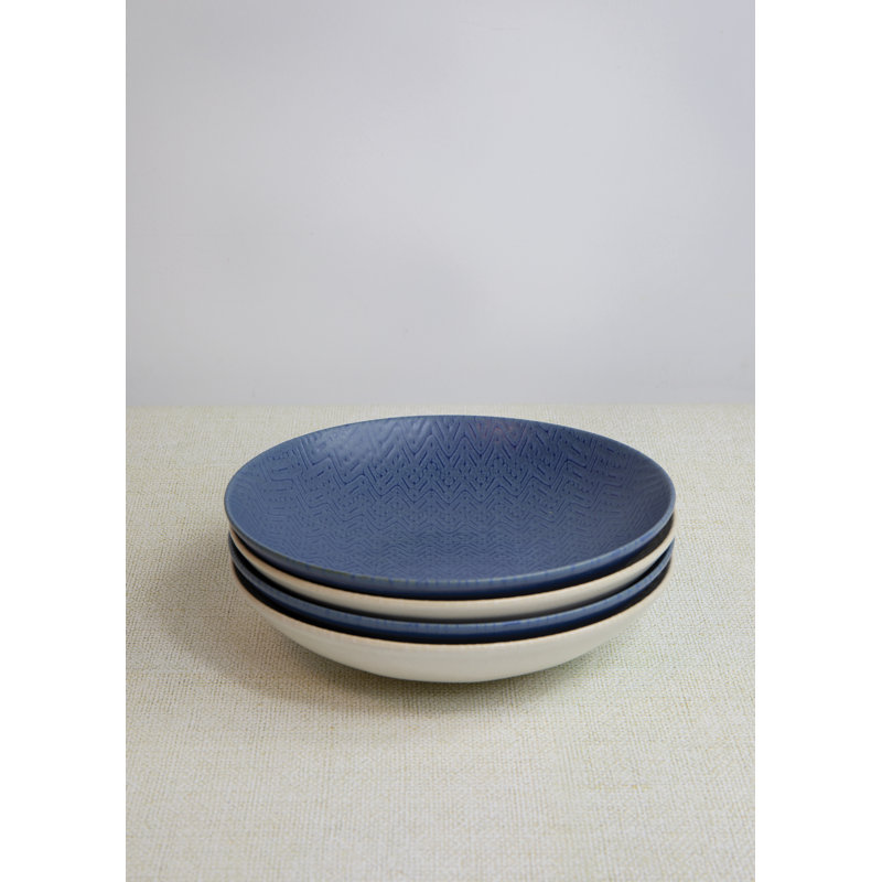 KitchenCraft Pasta Bowls in Gift Box, Lead-Free Glazed Stoneware - Embossed, Blue/White