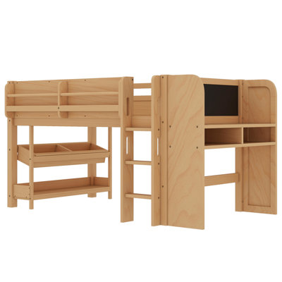 Twin Loft Bed with Multi-storage Bookcases, Boxes and Drawers, Solid Wood Low Loft Beds with Desk and Blackboard, No Box Spring Needed,Natural