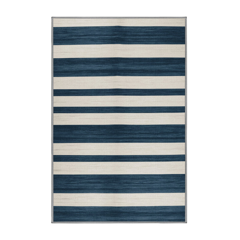 Washable Slate Blue White Striped Area Rug, Rectangle 7' x 10'