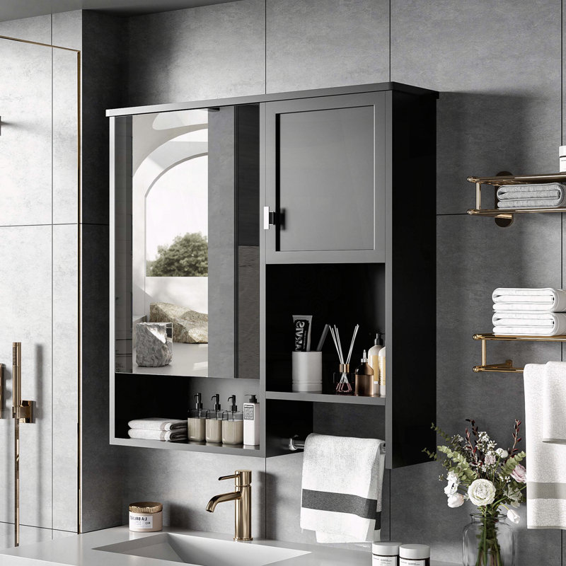 29 x 28 Inch Modern Wall Mounted Medicine Cabinet with Towel Bar - Black, Black
