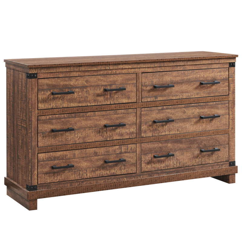 Rasiyah Farmhouse 6 - Drawers Double Dresser Organizer, Wood Rustic Wide Chest of Drawers, Brown