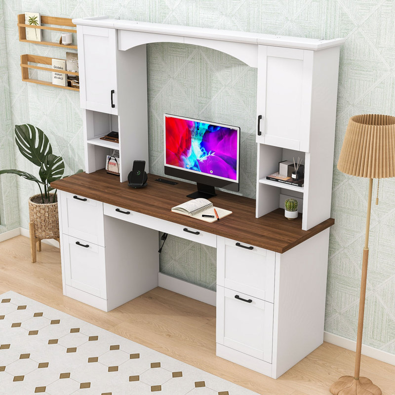 Bureau d'étude Mid-Century avec huche, poste de travail avec station de charge intégrée, tiroir classeur et plateau à clavier