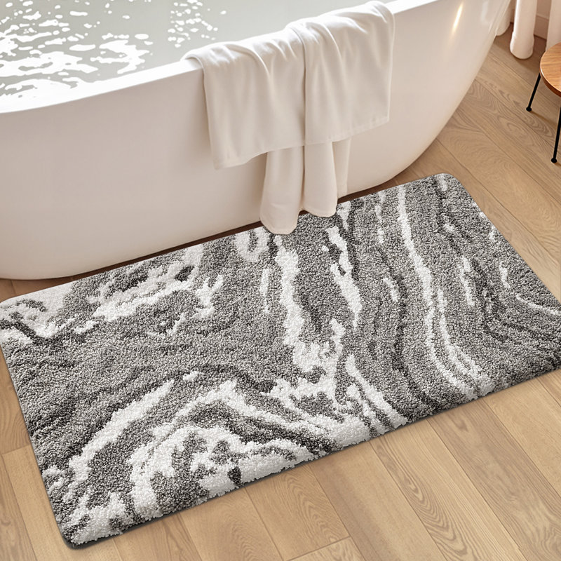 Non Slip Bath Rug, Single - 43" L x 24" W, Gray/White Abstract