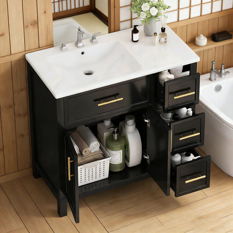 Meuble-lavabo de salle de bain avec comptoir, deux portes et trois tiroirs, Noir