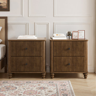 Fluted Nightstand 2-Piece Set, 21.65" Wide Side Table with 3 Drawers, Mid Century Modern Wood NightStand with Metal Handle, Wooden Bedside End Table f