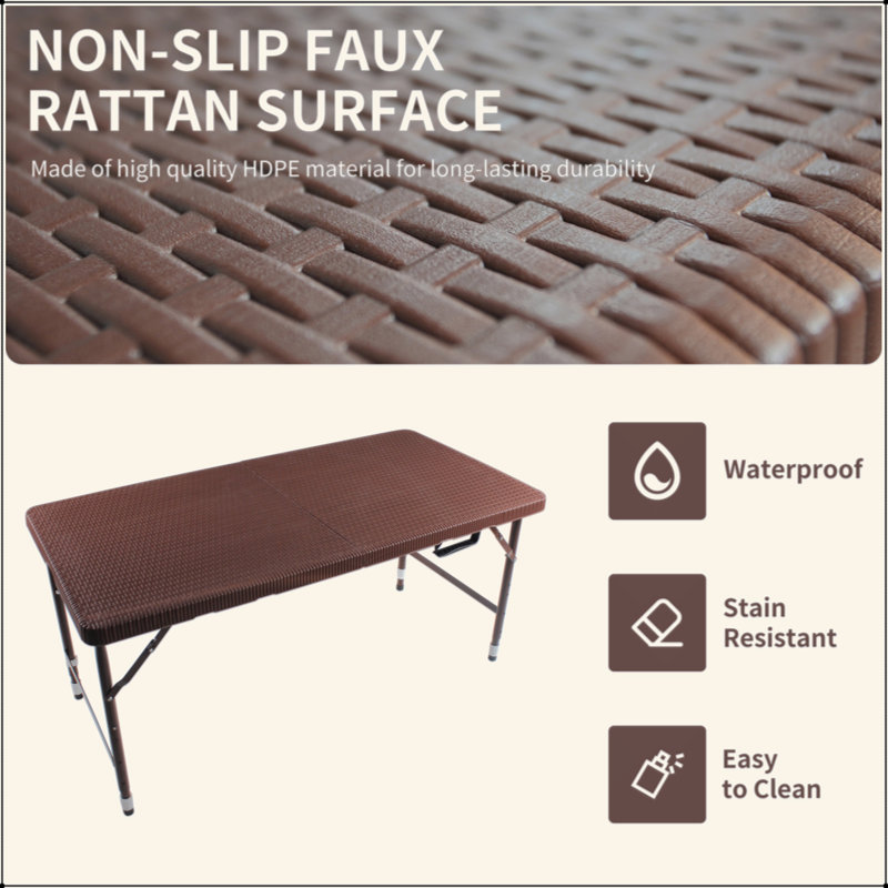 Table pliante en rotin 4 pi pour intérieur et extérieur, rotin pliable portable, Brun
