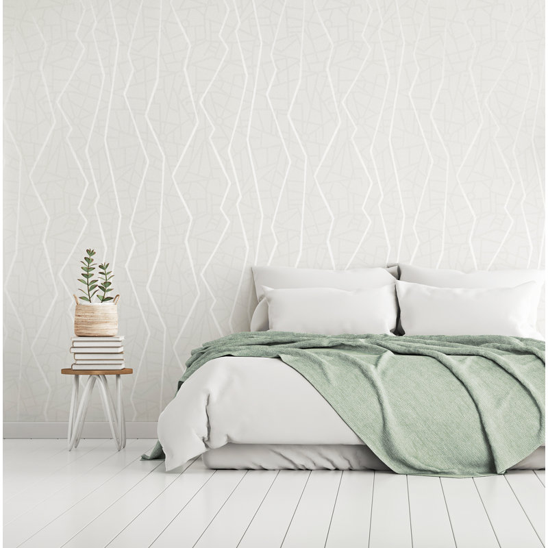 Slow Living Metallic Geometric Lines Wallpaper Roll , Ivory White