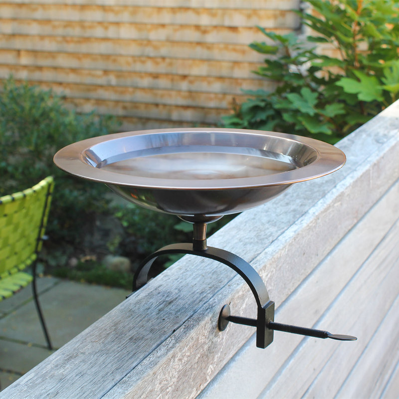 15" Antique Copper Over Rail Birdbath with Wrought Iron Bracket
