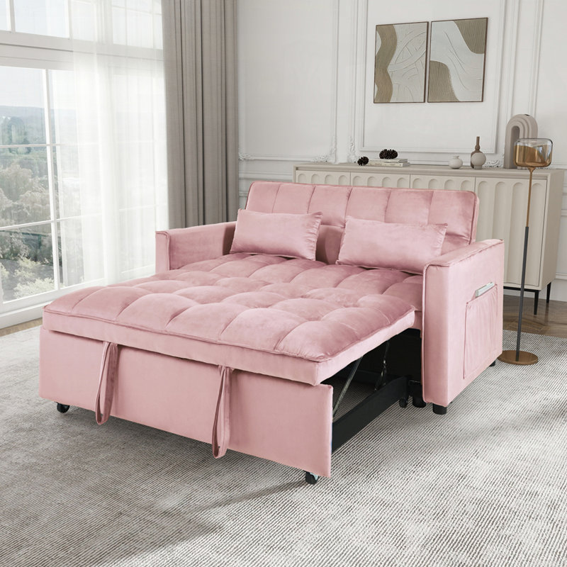 Canapé-lit convertible avec dossier inclinable et coussins pour le salon ou le bureau, Rose