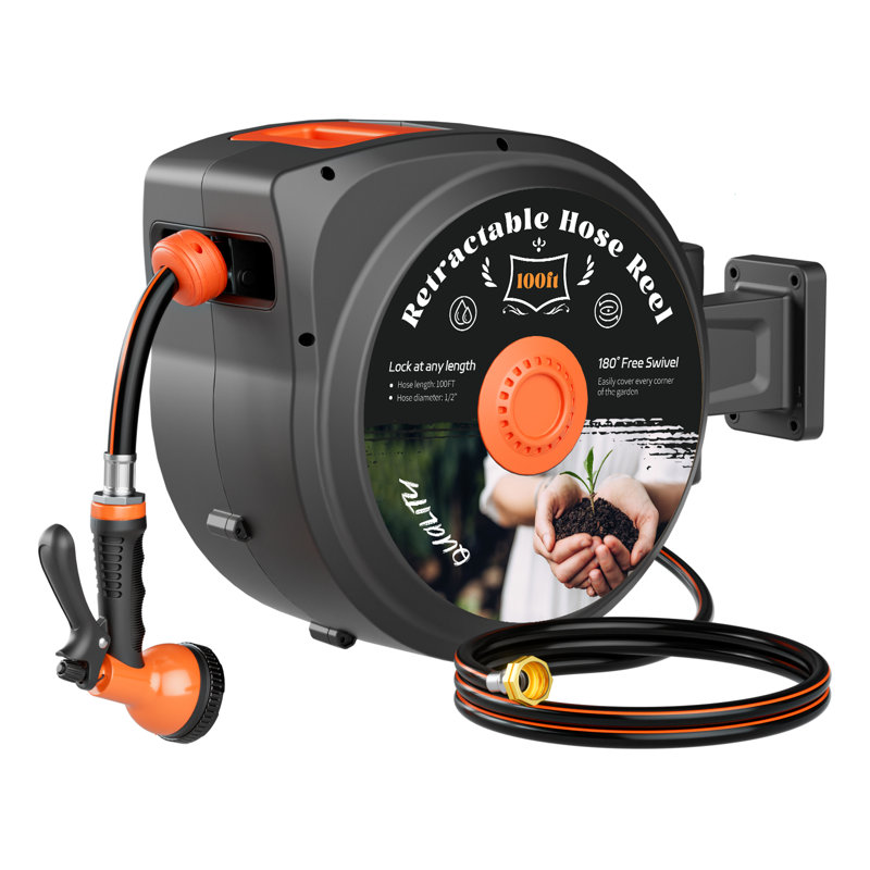 Wall Mounted Retractable  1/2 in. dia x 130 ft.Garden Hose Reel with 10 Sprayers & 180° Swivel Bracket