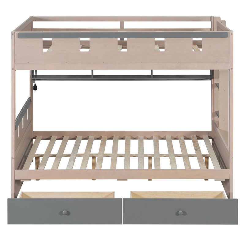 Lit superposé double pleine grandeur avec DEL, 2 tiroirs et tablette, lit mezzanine pour enfants, gris, Lit double, Gris