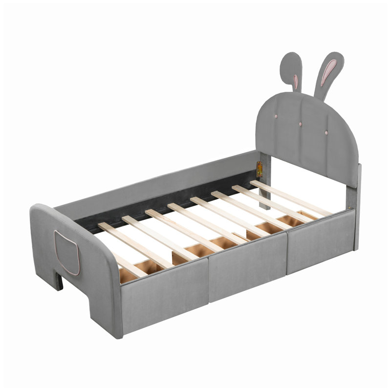 Lit plateforme en velours avec tête de lit en forme de lapin, avec tiroirs et poche de rangement à l'extrémité du lit, Gris