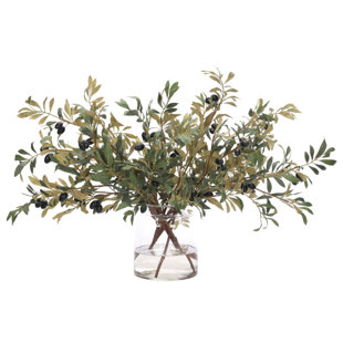 Branche d'olivier, vase en verre, l 37 x P 26 x H 25