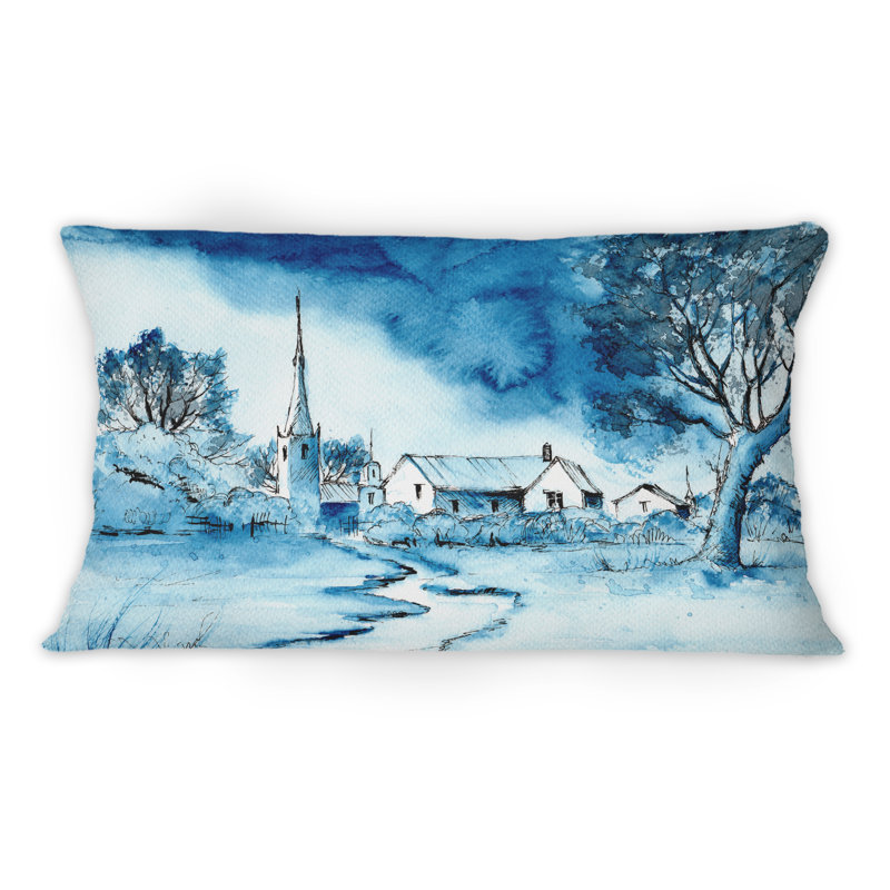 Paysage dans les tons bleus d'une petite ville - Coussin décoratif à imprimé colonial 1