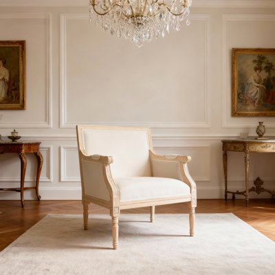 French Accent Chair Traditional Wood Frame Linen Upholstery Distressed Finish Home Decor, Single