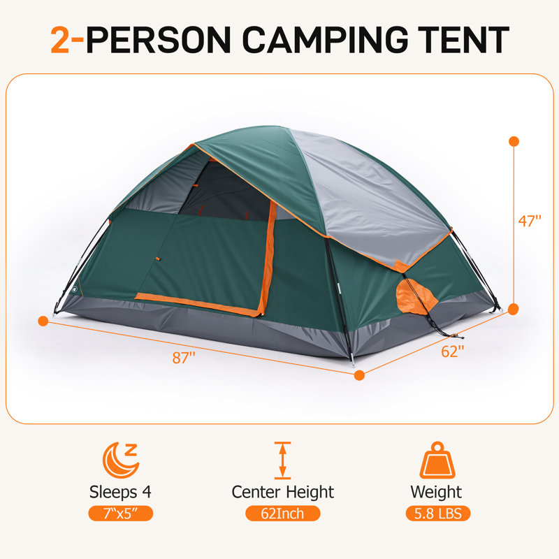 Tente de camping à dôme léger pour 2 personnes 87 "x 63" avec rainfly amovible et fenêtres en maille Stargazing, Vert