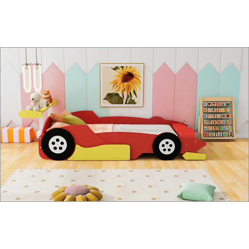Lit plateforme pleine grandeur en forme de voiture de course avec roues, conception durable et amusante pour les chambres d'enfants