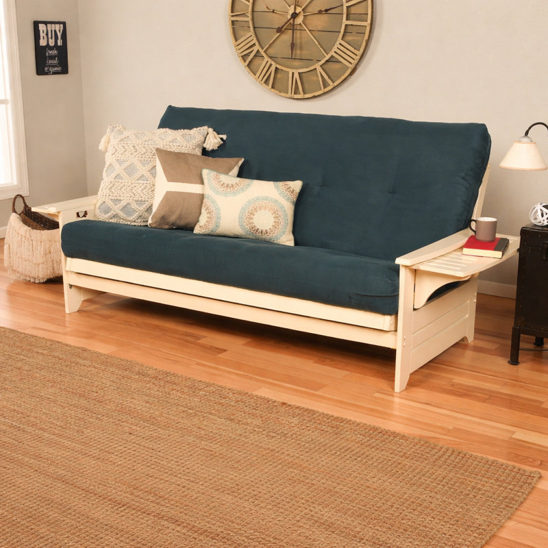 Johnte 82'' Wide Full Futon And Mattress, Suede Blue Microsuede, Antique White, Premium Pocket Coil