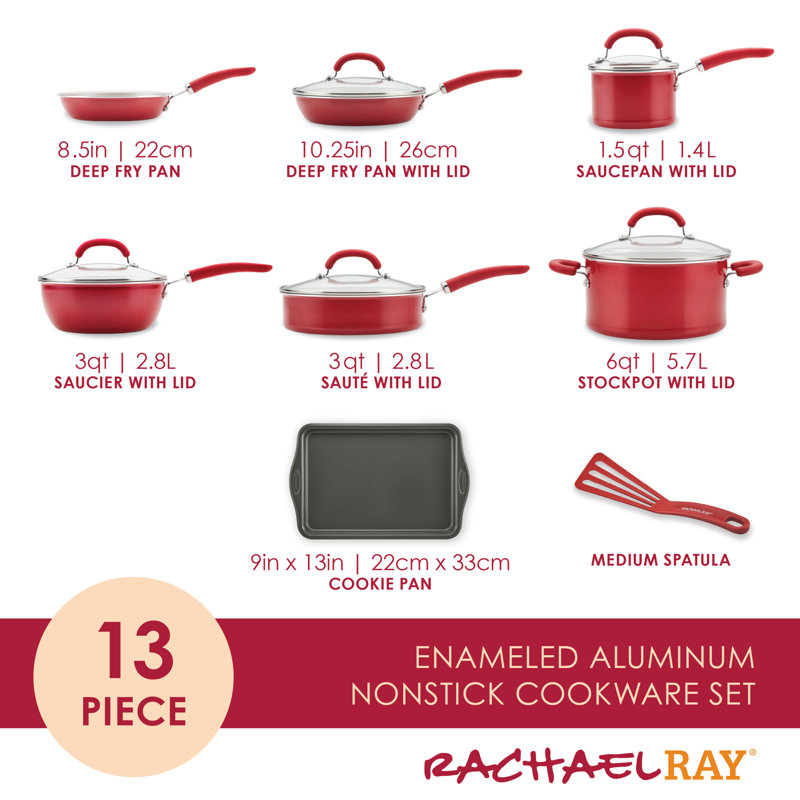 Rachael Ray Create Delicious Aluminum Nonstick Cookware Induction Cookware Set, 13-Piece, Red Shimmer