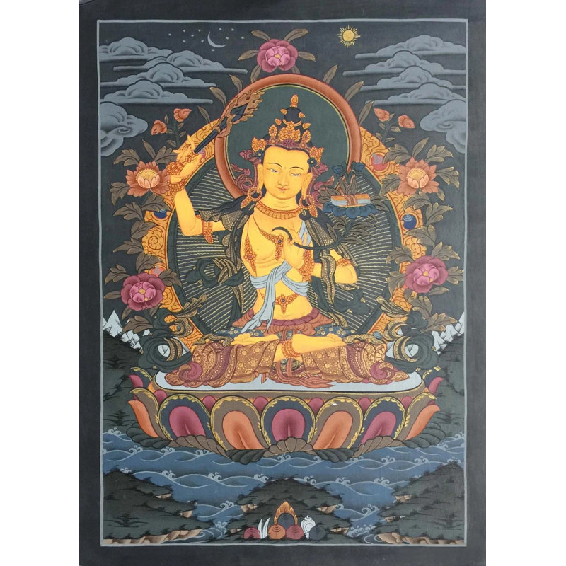 Manjushree Thangka (Thangka sans brocart) | Or 24 carats, gouache et acrylique sur toile de coton