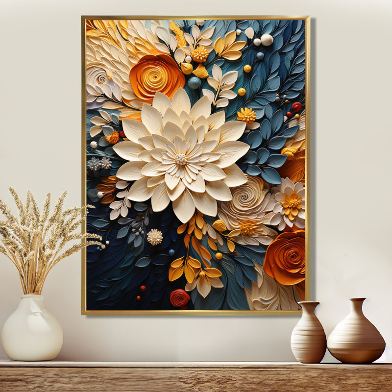 Reproduction d'aquarelle orange sarcelle tourbillon botanique IV, H 32 po x l 16 po, Reproduction avec cadre flottant, Doré