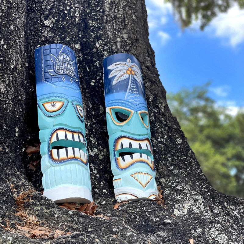 Décoration murale Tiki polynésienne tropicale en bois, bleu, vert et blanc, lot de 2, 49,5 cm de hauteur
