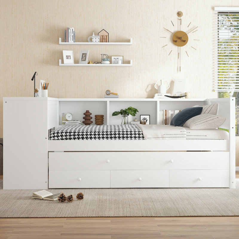 Lit de jour simple avec couchette, tiroirs de rangement et tablettes latérales, Lit simple, Blanc