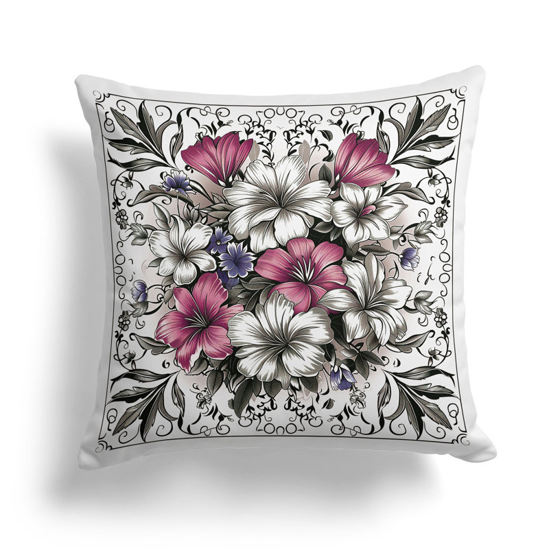 Coussin Hibiscus, H 18 po x l 18 po, Gris / Rose