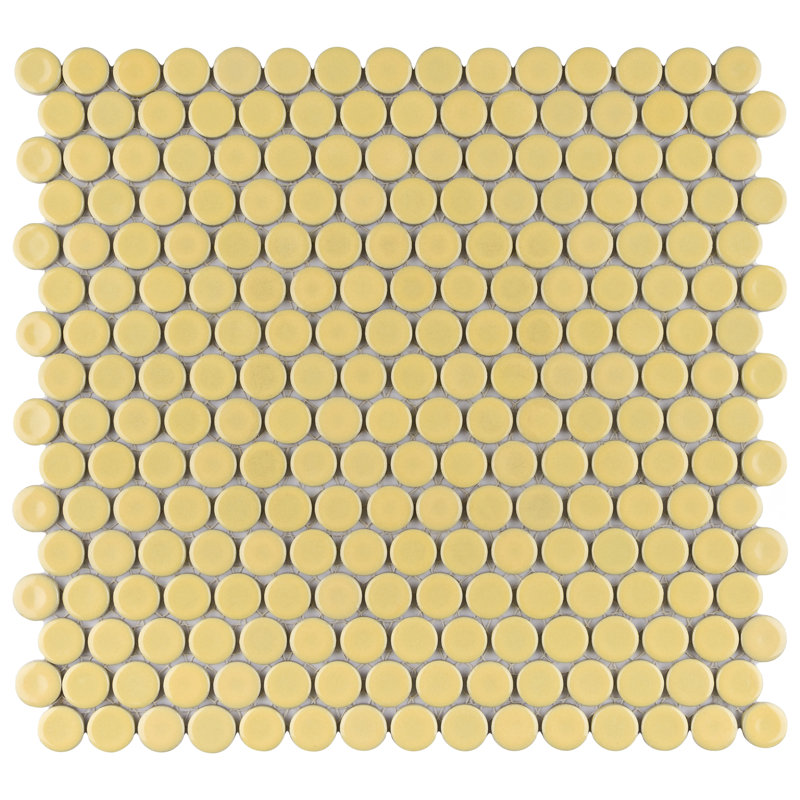 Hudson Penny Round 11-7/8 " x 12-5/8 " Porcelain Mosaic Floor & Wall Tile, Vintage Yellow