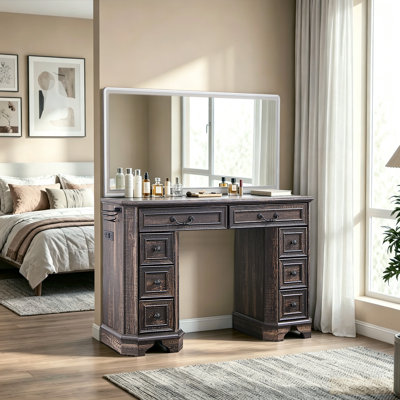 48" Vintage Farmhouse Makeup Vanity Desk LED Lighted Mirror & Power Outlets with 8 Drawers dresser