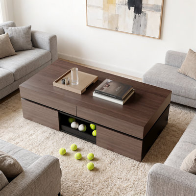 Table basse extensible rectangulaire avec compartiments de rangement, compartiments cachés et une tablette ouverte; Table basse de couleur noyer