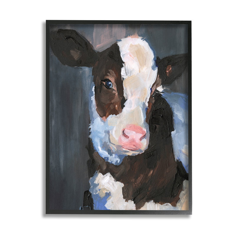 Smiley posant une vache dans une ferme de bovins, peinture d'animaux, H 16 po x l 20 po, Giclée encadrée noir minuit