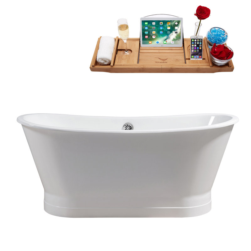 Baignoire de trempage autoportante 67 "avec plateau en bambou 67" Streamline, Chrome poli