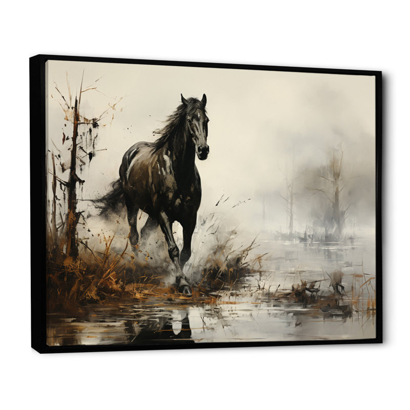 «Grey Horse Misty Morning Canter II», art mural cheval, H 30 po x l 40 po x P 1,5 po, Cadre flottant noir