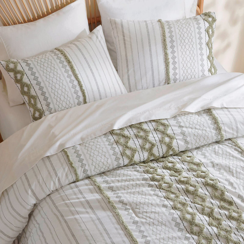 Ensemble de housse de couette en coton avec sauge chenille / ivoire 3 pièces, Édredon très grand californien et 3 pièces supp