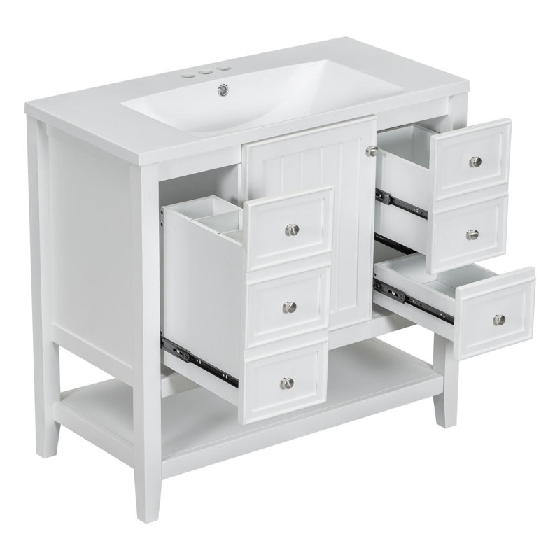 Meuble-lavabo 36 po avec lavabo, une armoire et trois tiroirs, panneau de bois massif et panneau de fibres à densité moyenne