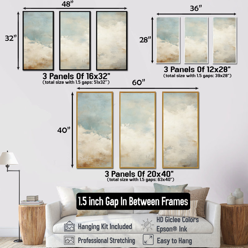 «Beige minimalisme», ensemble de reproduction d'art mural nuages, Cadre flottant doré, H 40 po x l 60 po x P 1 po