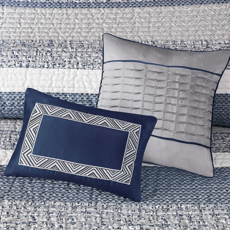 Courtepointe luxueuse réversible marine - Double / Grand avec 3 magnifiques coussins doux et élégant, Marine