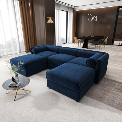 Elegant Chenille Sofa With Storage Seat And Ottoman, U-Shaped Seater Cylindrical Backrest And Armrests, Contemporary Seater Fabric Couch With Hidden Storage Compartment