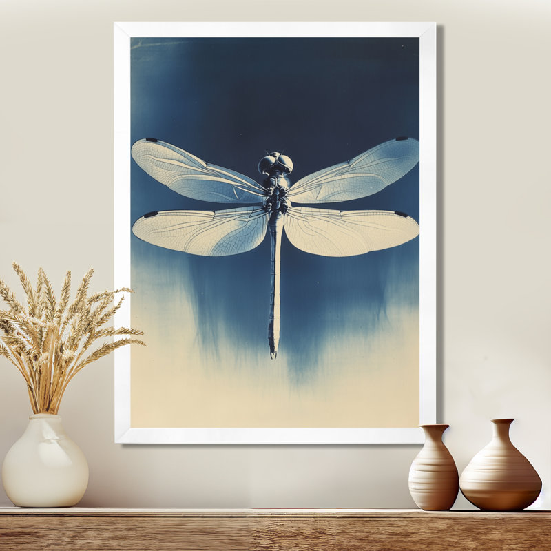 Libellule en bleu de Prusse I - Tableau cyanotype encadré, 20" H x 12" W, White Picture Framed