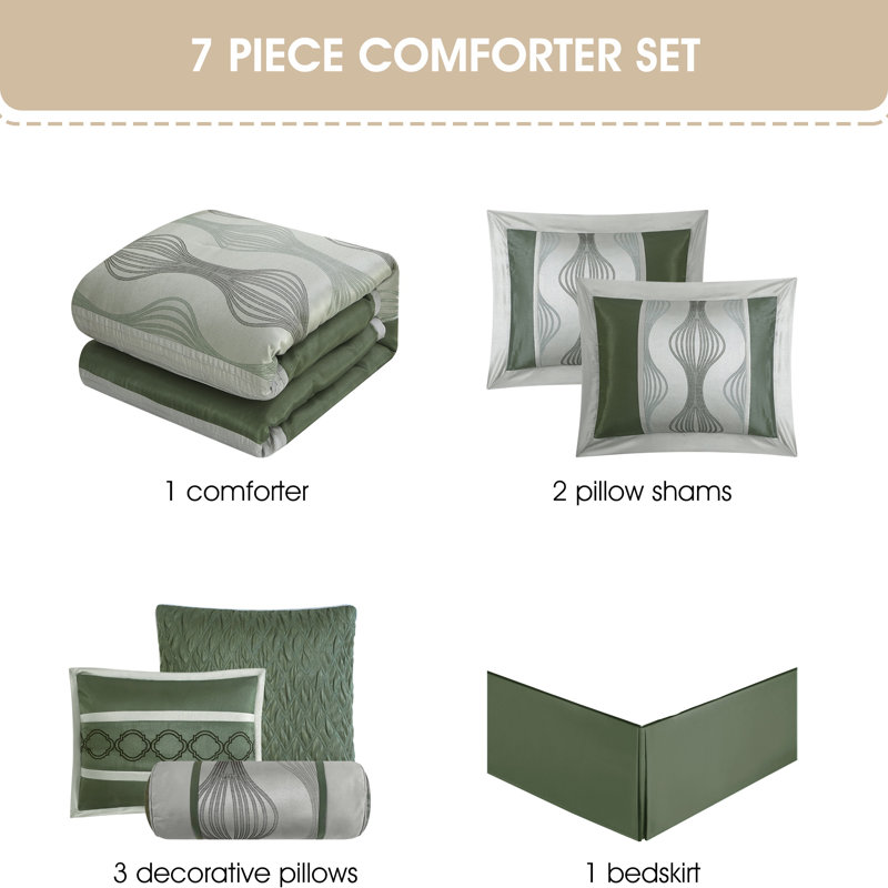 Ensemble d'édredon en microfibre 7 pièces Kath, Édredon très grand californien + 6 pièces, Vert