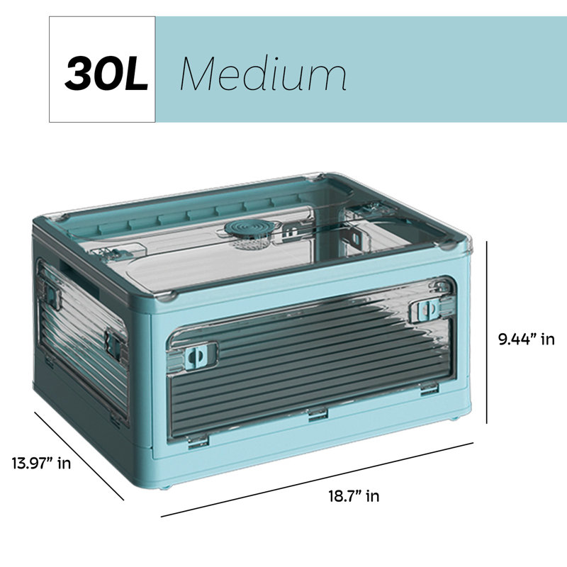 Collapsible Storage Box Bin, 5 Side Clear Open Access Stackable w/ Lid, Wheels, Secure Latches, Handles, 32 qts., Blue